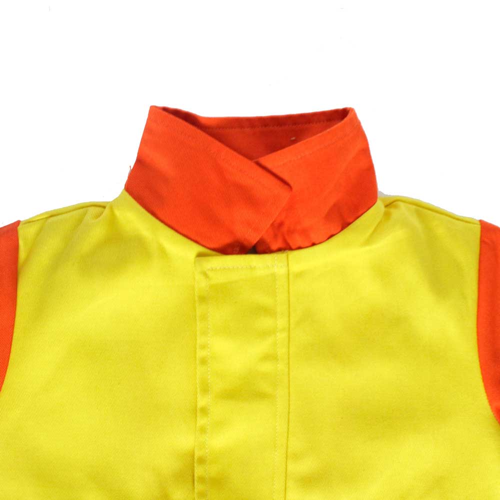 The collar detail of a vibrant yellow and orange children's lollipop person or school warden role play costume