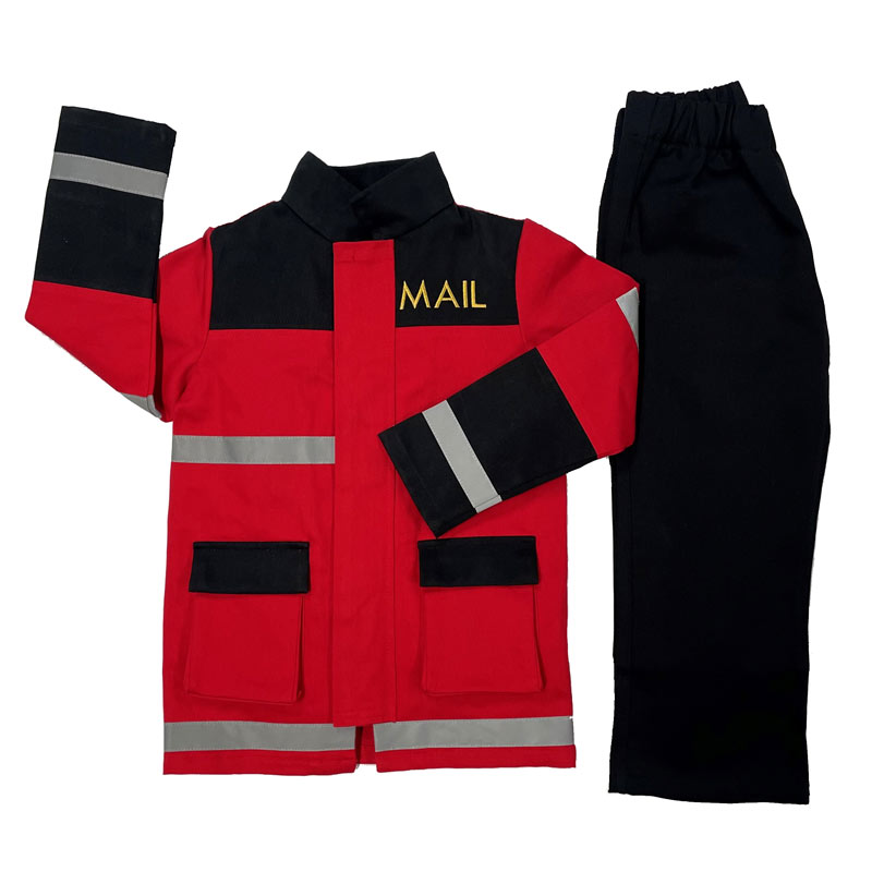 Childrens UK postal worker costume. Red and Black cotton twill with gold embroidery detail pretend play costume