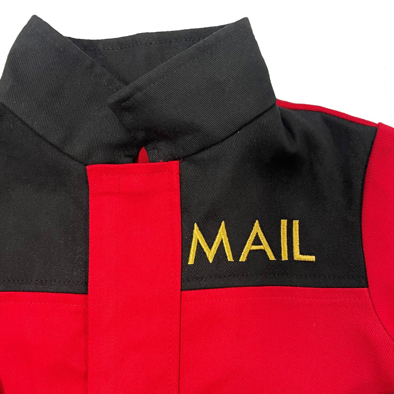 Childrens UK postal worker costume. Red and Black cotton twill with gold embroidery detail pretend play costume for nursery, preschool, reception and year 1
