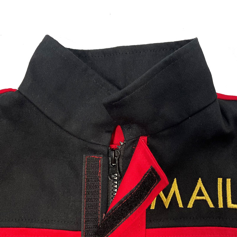 Childrens UK postal worker costume. Red and Black cotton twill with gold MAIL embroidery detail pretend play costume
