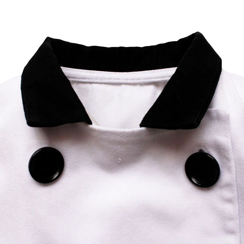 children's black and white chef costume with black buttons.